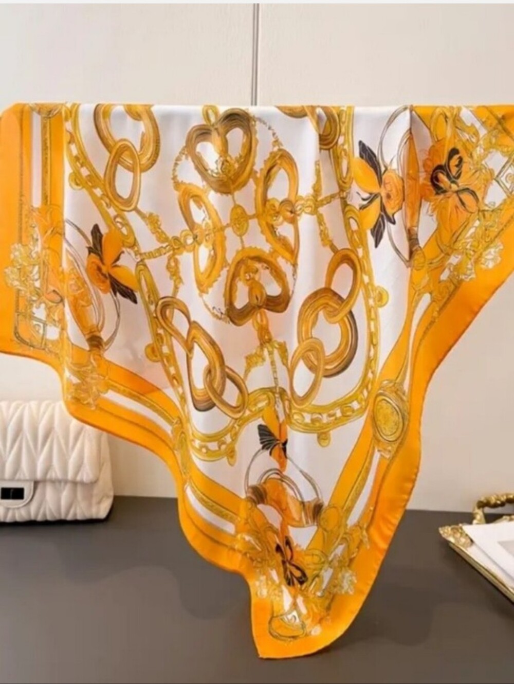 Silk-feel Yellow and White Printed Scarf - Head & Neck Scarf